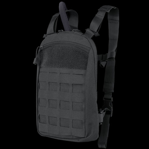 The Condor LCS Tidepool Hydration Carrier is a black tactical sling backpack for EDC, featuring multiple straps, a grid-style front panel, and a zippered main compartment.