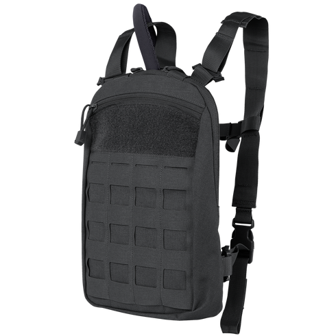 The Condor LCS Tidepool Hydration Carrier is a black tactical sling backpack for EDC, featuring multiple straps, a grid-style front panel, and a zippered main compartment.