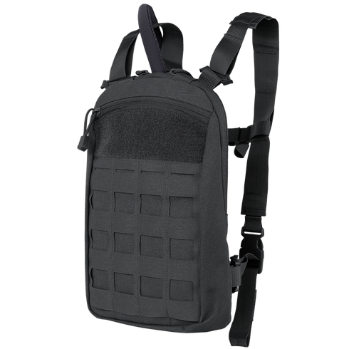The Condor LCS Tidepool Hydration Carrier is a black tactical sling backpack for EDC, featuring multiple straps, a grid-style front panel, and a zippered main compartment.