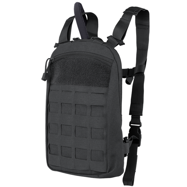The Condor LCS Tidepool Hydration Carrier is a black tactical sling backpack for EDC, featuring multiple straps, a grid-style front panel, and a zippered main compartment.