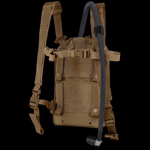 The Condor LCS Tidepool Hydration Carrier is a tan pack with adjustable shoulder straps, MOLLE webbing, and a right-side drinking hose—perfect for EDC or law enforcement professionals needing dependable hydration.