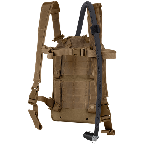 The Condor LCS Tidepool Hydration Carrier is a tan pack with adjustable shoulder straps, MOLLE webbing, and a right-side drinking hose—perfect for EDC or law enforcement professionals needing dependable hydration.