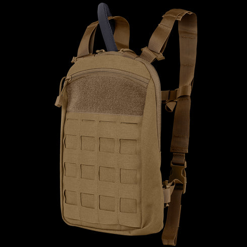 The Condor LCS Tidepool Hydration Carrier is a tan tactical backpack with front MOLLE webbing, adjustable shoulder straps, and a zippered main compartment—ideal for military use or trips to the shooting range.