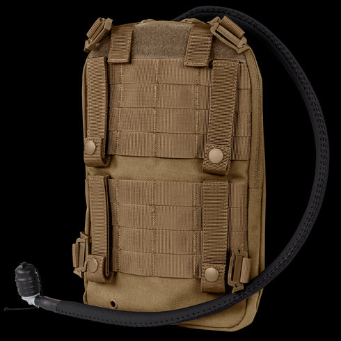 The Condor LCS Tidepool Hydration Carrier is a tan tactical pack featuring MOLLE webbing, shoulder straps, and a black drinking hose—ideal for bushcraft trips or as part of your EDC gear.