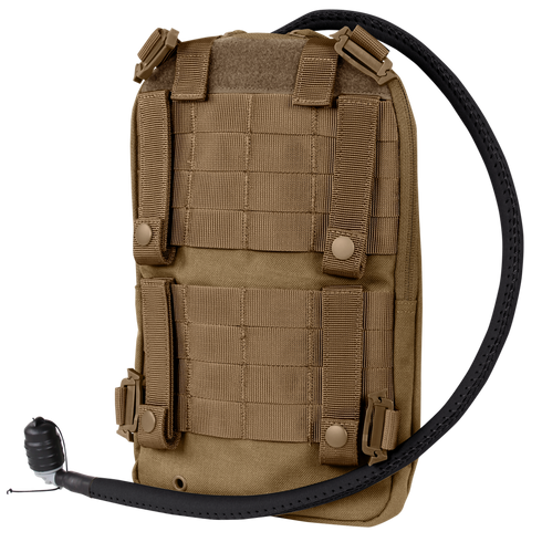The Condor LCS Tidepool Hydration Carrier is a tan tactical pack featuring MOLLE webbing, shoulder straps, and a black drinking hose—ideal for bushcraft trips or as part of your EDC gear.
