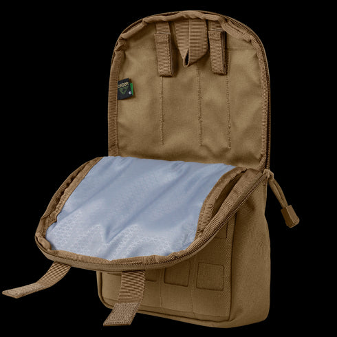The Condor LCS Tidepool Hydration Carrier is a khaki, rectangular pouch with an open zippered flap, a light blue interior lining, and multiple exterior loops—perfect for bushcraft or military use.