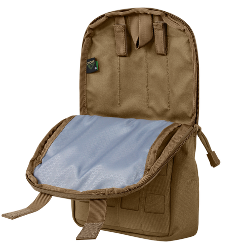 The Condor LCS Tidepool Hydration Carrier is a khaki, rectangular pouch with an open zippered flap, a light blue interior lining, and multiple exterior loops—perfect for bushcraft or military use.