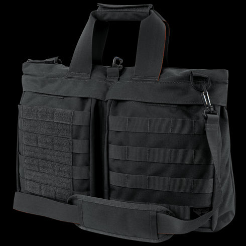 The Condor Aviator Bag 15L is a black tactical shoulder bag with dual handles, adjustable strap, front MOLLE webbing, and hook-and-loop panels—perfect for military or first responder use.