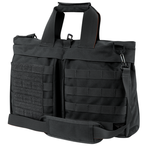 The Condor Aviator Bag 15L is a black tactical shoulder bag with dual handles, adjustable strap, front MOLLE webbing, and hook-and-loop panels—perfect for military or first responder use.