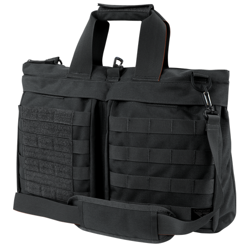 The Condor Aviator Bag 15L is a black tactical shoulder bag with dual handles, adjustable strap, front MOLLE webbing, and hook-and-loop panels—perfect for military or first responder use.