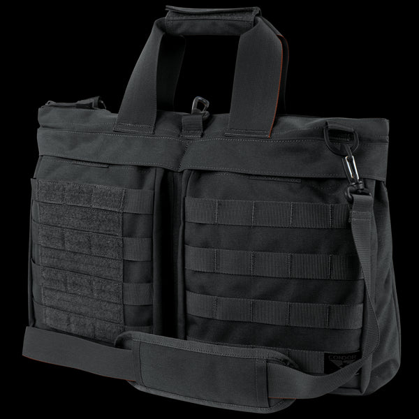 The Condor Aviator Bag 15L is a black tactical shoulder bag with dual handles, adjustable strap, front MOLLE webbing, and hook-and-loop panels—perfect for military or first responder use.