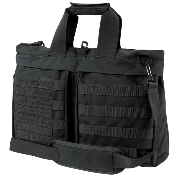 The Condor Aviator Bag 15L is a black tactical shoulder bag with dual handles, adjustable strap, front MOLLE webbing, and hook-and-loop panels—perfect for military or first responder use.