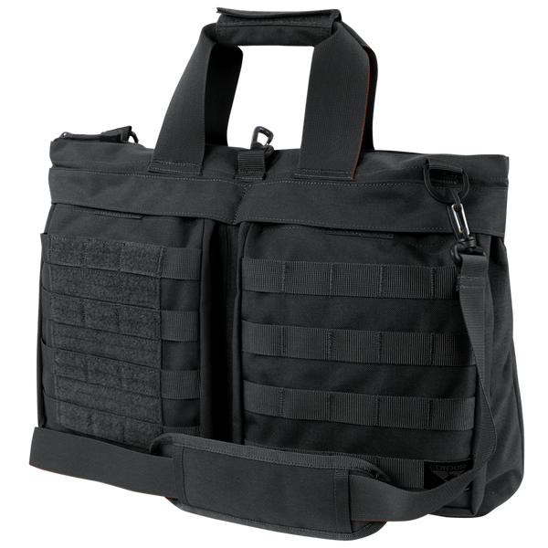 The Condor Aviator Bag 15L is a black tactical shoulder bag with dual handles, adjustable strap, front MOLLE webbing, and hook-and-loop panels—perfect for military or first responder use.