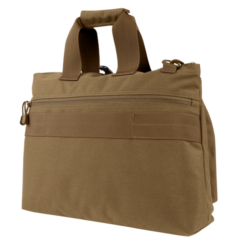 The Condor Aviator Bag 15L is a brown fabric briefcase with dual handles, a front zip pocket, and reinforced straps, featuring a tactical design for enhanced durability and reliability.