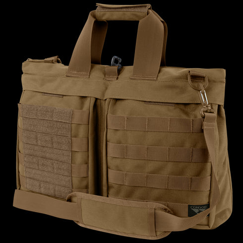 The Condor Aviator Bag 15L is a brown tactical briefcase with MOLLE webbing, Velcro patches, two top handles, a shoulder strap, and a side metal hook—perfect for professionals who need reliable gear on the go.