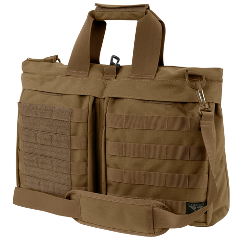 The Condor Aviator Bag 15L is a brown tactical briefcase with MOLLE webbing, Velcro patches, two top handles, a shoulder strap, and a side metal hook—perfect for professionals who need reliable gear on the go.