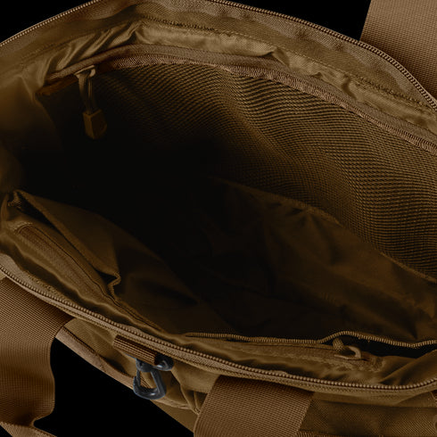 The Condor Aviator Bag 15L features an open brown design with inner compartments, mesh pocket, and zipper detail—perfect for organizing first responder or military gear.