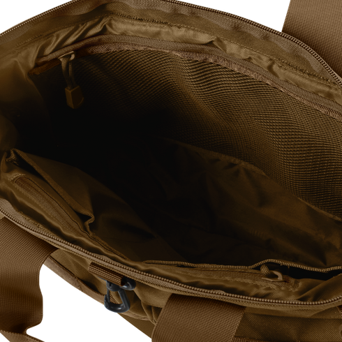 The Condor Aviator Bag 15L features an open brown design with inner compartments, mesh pocket, and zipper detail—perfect for organizing first responder or military gear.