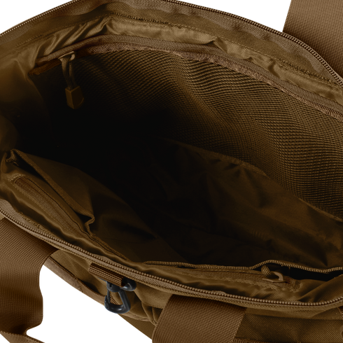 The Condor Aviator Bag 15L features an open brown design with inner compartments, mesh pocket, and zipper detail—perfect for organizing first responder or military gear.