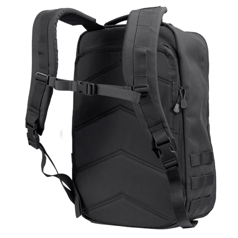 The Condor Prime Pack 21L in black is shown from the back, featuring padded shoulder straps, a chest strap, side molle webbing, and two zipper pulls.