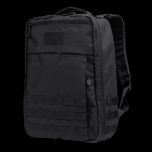 The Condor Prime Pack 21L is a black tactical backpack featuring a top handle, front Velcro patch area, lower front MOLLE webbing, and padded shoulder straps—perfect for law enforcement or first responders.