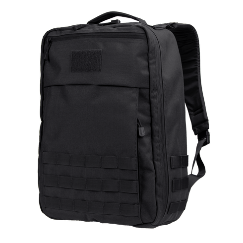 The Condor Prime Pack 21L is a black tactical backpack featuring a top handle, front Velcro patch area, lower front MOLLE webbing, and padded shoulder straps—perfect for law enforcement or first responders.