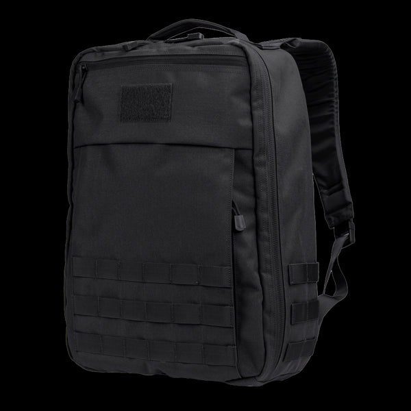 The Condor Prime Pack 21L is a black tactical backpack featuring a top handle, front Velcro patch area, lower front MOLLE webbing, and padded shoulder straps—perfect for law enforcement or first responders.