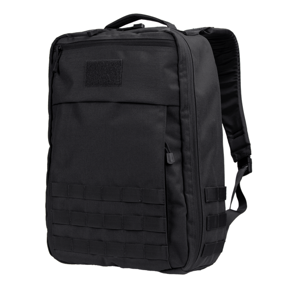 The Condor Prime Pack 21L is a black tactical backpack featuring a top handle, front Velcro patch area, lower front MOLLE webbing, and padded shoulder straps—perfect for law enforcement or first responders.