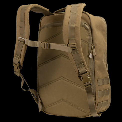 The Condor Prime Pack 21L is a brown tactical backpack with padded shoulder straps, top handle, zippered compartments, and a side attachment—perfect for first responders or law enforcement.