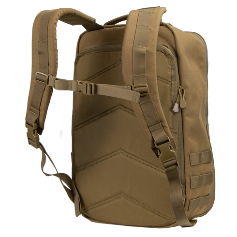 The Condor Prime Pack 21L in tan, featuring padded shoulder straps, a sternum strap, zippered side pocket, and side MOLLE webbing, is shown from the back.