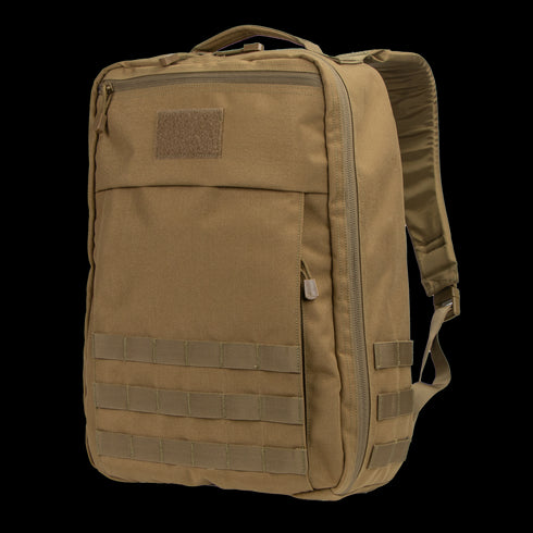 The Condor Prime Pack 21L is a tan tactical backpack with a top handle, front pocket, MOLLE webbing, and padded shoulder straps—ideal for carrying gear for military personnel and first responders.