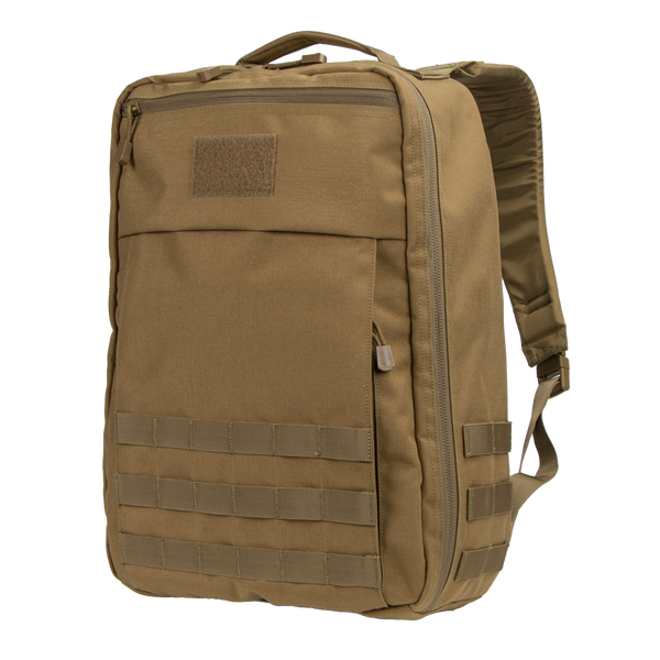 The Condor Prime Pack 21L is a tan tactical backpack with a top handle, front pocket, MOLLE webbing, and padded shoulder straps—ideal for carrying gear for military personnel and first responders.