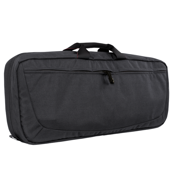 The Condor 27 Dispatch Take Down Case is a black rectangular bag with a top handle, zippered front pocket, and red-stitched accents—ideal for EDC or organizing essentials at the range.