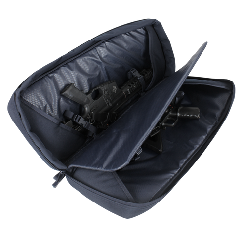 A Condor 27" Dispatch Take Down Case in navy blue is open, displaying tactical compartments with two compact black firearms secured inside.
