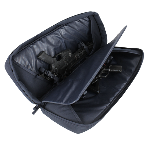 A partially unzipped black Condor 27 Dispatch Take Down Case reveals a compact EDC firearm securely stored inside.