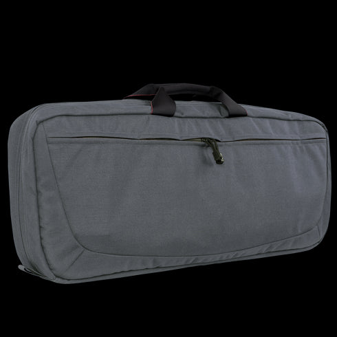 The Condor 27 Dispatch Take Down Case is a gray, rectangular case featuring a zippered front pocket and two black top handles—perfect for shooting range sessions or first responders.