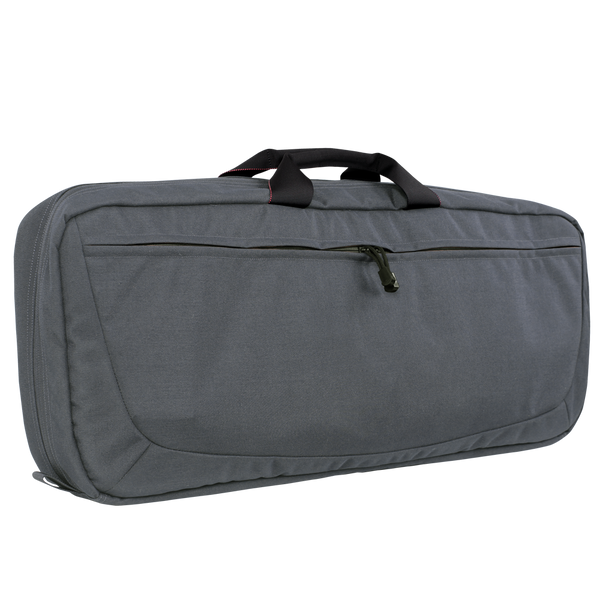 The Condor 27 Dispatch Take Down Case is a gray, rectangular case featuring a zippered front pocket and two black top handles—perfect for shooting range sessions or first responders.