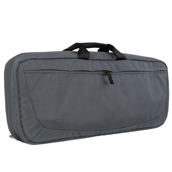 The Condor 27 Dispatch Take Down Case is a gray, rectangular case featuring a zippered front pocket and two black top handles—perfect for shooting range sessions or first responders.