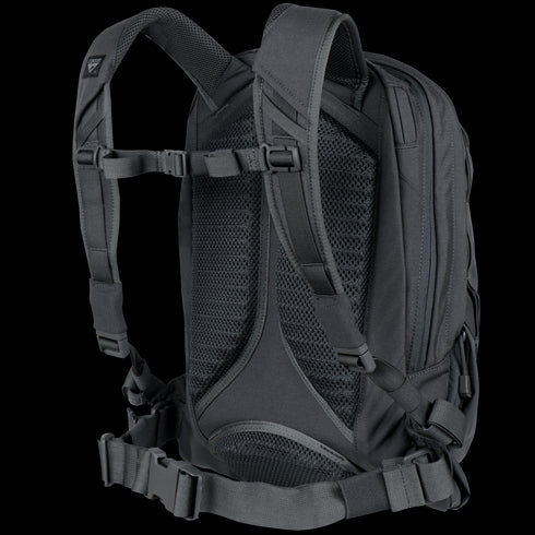 The Condor Elite Fail Safe Urban Backpack Gen II 18L by Condor is shown from the back, highlighting its padded shoulder straps, mesh back panel, and adjustable chest and waist straps.