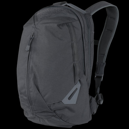 The Condor Elite Fail Safe Urban Backpack Gen II 18L by Condor features a black, minimalist design with padded shoulder straps and side zipper pocket—perfect for military or bushcraft use—displayed on a transparent background.