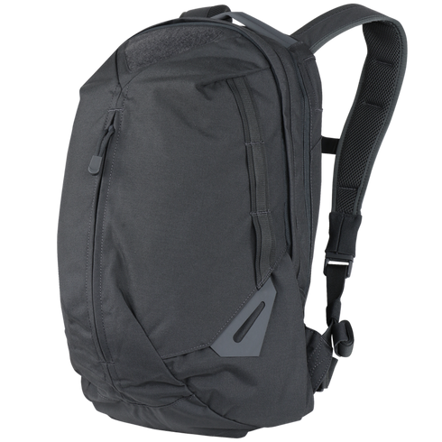The Condor Elite Fail Safe Urban Backpack Gen II 18L by Condor features a black, minimalist design with padded shoulder straps and side zipper pocket—perfect for military or bushcraft use—displayed on a transparent background.