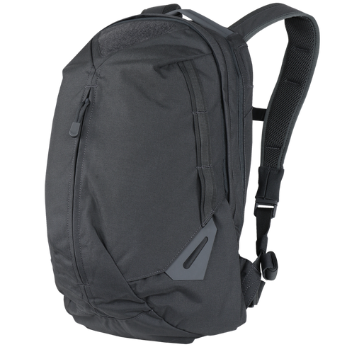 The Condor Elite Fail Safe Urban Backpack Gen II 18L by Condor features a black, minimalist design with padded shoulder straps and side zipper pocket—perfect for military or bushcraft use—displayed on a transparent background.
