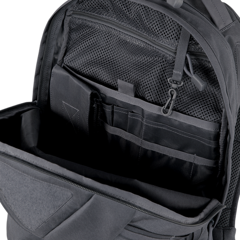 The Condor Elite Fail Safe Urban Backpack Gen II 18L from Condor features a black open design with interior compartments, mesh zip pocket, pen slots, and multiple sections—ideal for everyday carry or trips to the shooting range.