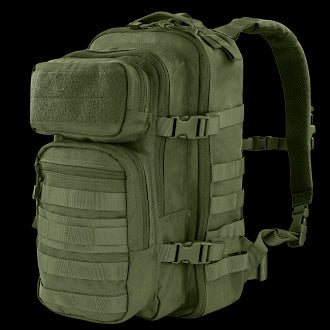 The Condor Compact Assault Backpack Gen II 24L is an olive green tactical backpack featuring multiple zippered compartments, adjustable shoulder straps, and side buckles.