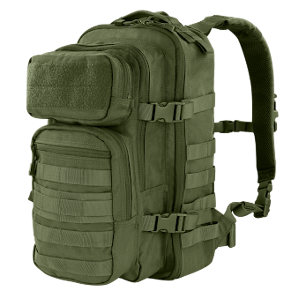 Olive green tactical backpack with multiple compartments, adjustable straps, MOLLE webbing, and buckles shown against a plain background.