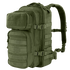 Olive green tactical backpack with multiple compartments, adjustable straps, MOLLE webbing, and buckles shown against a plain background.