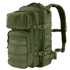 Olive green tactical backpack with multiple compartments, adjustable straps, MOLLE webbing, and buckles shown against a plain background.