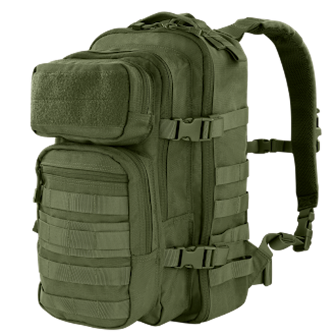 The Condor Compact Assault Backpack Gen II 24L is an olive green tactical bag with multiple zippered compartments, adjustable straps, and MOLLE webbing on the front and sides.