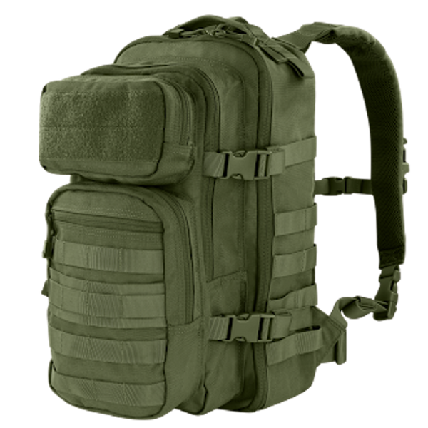 The Condor Compact Assault Backpack Gen II 24L is an olive green tactical bag with multiple zippered compartments, adjustable straps, and MOLLE webbing on the front and sides.