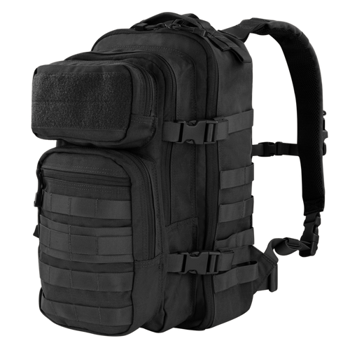 The Condor Compact Assault Backpack Gen II 24L is a black tactical pack featuring multiple zippered compartments, adjustable straps, side buckles, and MOLLE webbing—ideal for EDC or range trips.